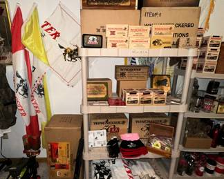 Winchester Flags, Mailboxes, Wooden Ammo Boxes, Checkboard Box, Towels, Hats, Mugs, Cups; Daisy Powerline Pellet Gun; MEC Shell Reloader and Accessories