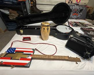 Remo Banjo and Case; Chevy Americana Guitar, Estean Guitar Amp G-10;LP Music Collection Bongo Drum