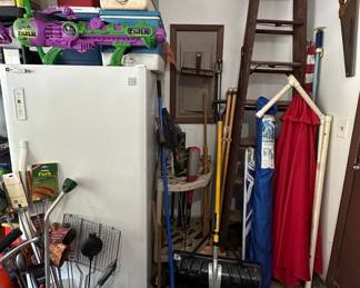 Coolers; Hulk Super Soaker; Hot Dog Forks; Campfire Pie Maker; Brooms; Shovels; Patio Umbrella; Wooden Step Ladder; Bats; Saws **Freezer is NOT for sale**