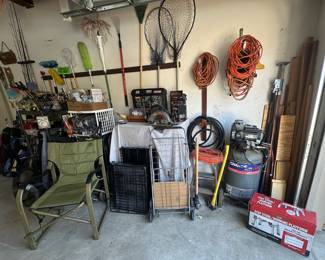 Lawn Chair; Pet Kennels; Wire Utility Cart; Fishing Nets; Step Ladder; Axes; Compressor; Scrap Wood; Bull Horns