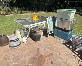 Trash Cans; Planters; Glass Top Patio Table; Coolers