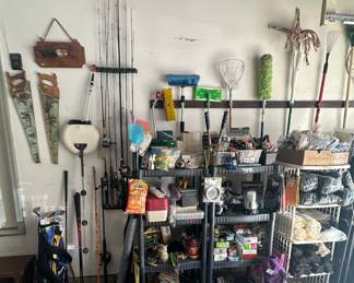 Golf Clubs; Fishing Poles; Rods & Reels; Tackle Boxes; Burlap Bags; Flashlights; Nails, Screws; Extension Cords; Safety Glasses; Work Gloves; Barbell and Weights; Mops/ Brooms