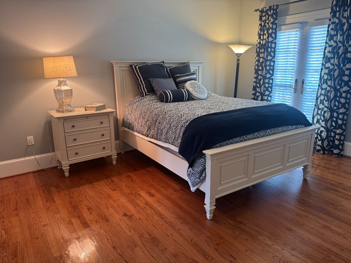 Raymour & Flanigan Somerset Queen Bed (Headboard - 57-1/2"H x 67-1/2"W / Footboard - 27"H) with Raymour & Flanigan Somerset 3 Drawer / 1 Surface Pull End Table (18"D x 30"W x 32"H)