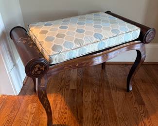 Antique Inlayed Rounded End Bench with Cushion (31"W x 22"H x 17"D)