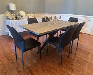 Geigle Extendable Dining Table (67"/51"L x 33-1/2"W x 30"H) with Black Faux Leather Side Chairs (19"D x 18"W x 35" Back Height / 6 Available)