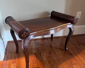 Antique Inlayed Rounded End Bench with Cushion (31"W x 22"H x 17"D)
