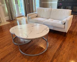 Uixe White Upholstered Tufted Loveseat (64"W x 28"D x 29" Back Height) with Ronik Round Shape Nesting Coffee Tables (31-1/2"D x 18"H / 24"D x 14"H)