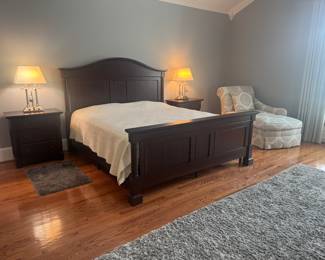 Kincaid Eastern King Bed (Headboard - 64"H x 81"W / Footboard - 32"H) with Kincaid 3 Drawer / 1 Surface Pull End Tables (18"D x 29"W x 31"H / Pair) & Ethan Allen Chaise Lounge (37"W x 74"D x 41" Back Height)