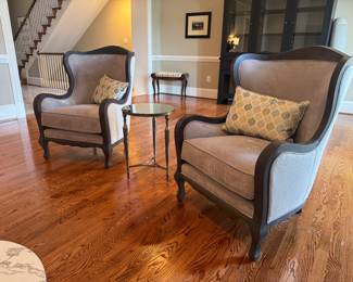 Arhaus Camden Collection Upholstered Armchair (28"W x 36"D x 41" Back Height / pair) with Round Mirrored Top Metal Base Side Table (16"D x 23"H)