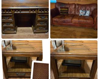 Rolltop desk, 2 end tables with removable glass top for display storage, real leather sofa.