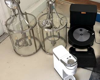 2 chandelier/hang lights, mini Kuerig, mop/vacuum iRobot