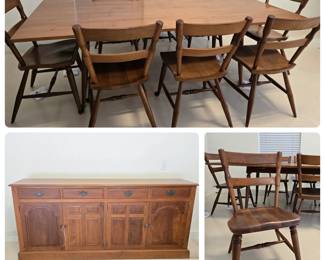 Farmhouse drop sides 7’ table, 8 chairs, buffet/server/credenza cabinet. Made in North Carolina. 50+ years old.