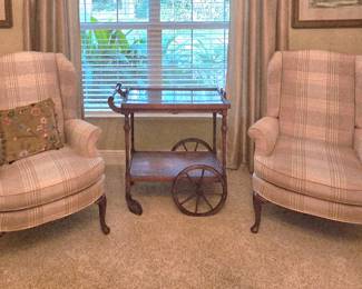 Wingback chairs, early 1900’s tea cart with removable glass tray top.