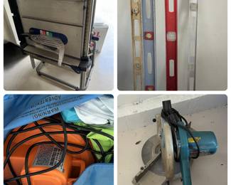 Never used Kobalt electric table saw, levels, 2 bounce houses & electri pump. Mikata miter saw.