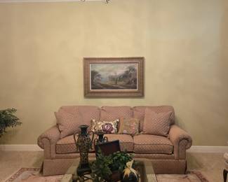 Living room sofa, coffee table, rug & accessories