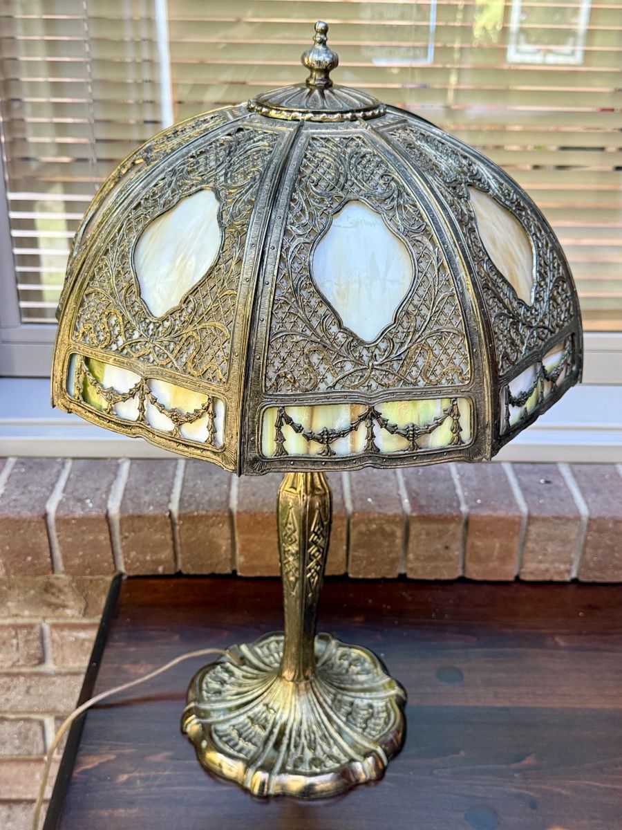 Antique slag glass table lamp
