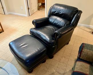 Navy leather club chair and ottoman by Whittemore Sherrill