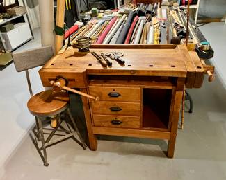 Antique cabinet maker work bench with built in vises by the G. R. Hand Screw Company (Grand Rapids)