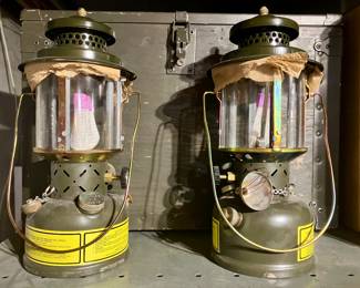Pair of Coleman military lanterns w/ original wooden crate