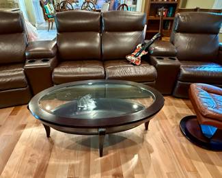 Leather 4 Seat Theater Seating Group with Sidearm Drink Holders.  Mechanical Recliner