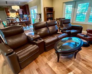 Leather 4 Seat Theater Seating Group with Sidearm Drink Holders.  Mechanical Recliner