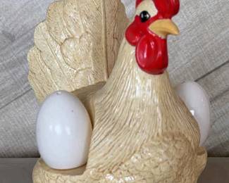 Vintage Ceramic Hen with Egg Salt And Pepper Shakers and Napkin Holder
