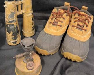 LL Bean Womens Boots Vintage Military Binoculars And Gas Camping Stove