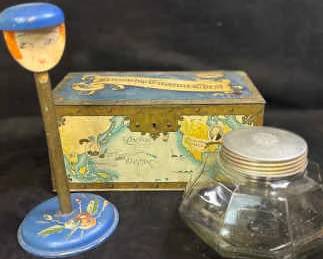 Tin Friendship Treasure Chest Vintage Wood Hat Holder Girl And Aridor Glass Jar