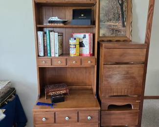 Stained Pine Step Back Cupboard with Drawers; Pair of End Tables / Night Stands with Two Drawers