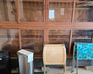 Large Wood Display Cabinet with Shelving & Sliding Doors -- BRING HELP & A TRUCK TO MOVE!; Vintage TV Trays; Trash Bins; Floor Mats & Rugs