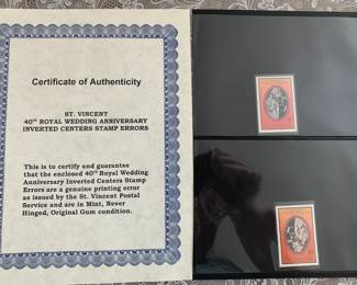 St. Vincent 40th Royal Wedding Anniversary Stamps (one with inverted error) with COA