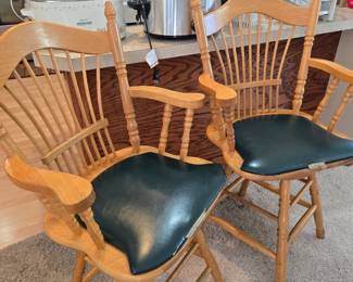 Pair of Oak Windsor Style Bar Stools with Upholstered Seats