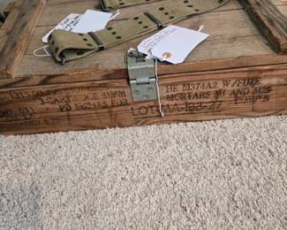 WWII Army Belt (c. 1940s); Vietnam Era Ammo Crate for 81mm Mortar Shells