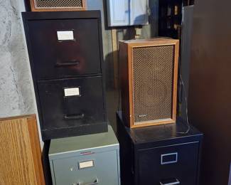 Three 2 Drawer Metal File Cabinets; Pair of Vintage Sony Speakers