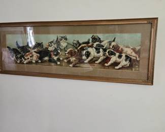 Antique Framed Kittens & Puppies Yard Long Print "Tug of War"
