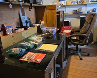 Vintage Metal Desk; Upholstered Desk Chair Swivel on Wheels; Loads of Office Supplies & Equipment