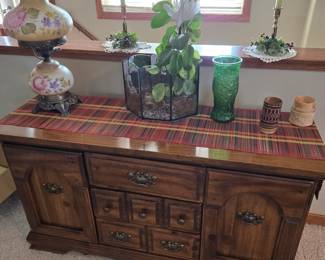 Buffett Cabinet with Drawers and Shelves; Painted Hurricane Lamp; Terrarium; Candles & Candlesticks