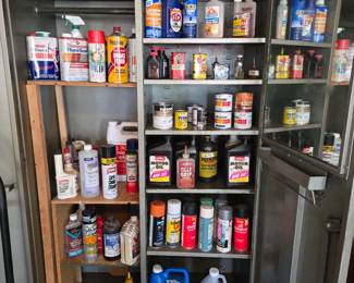 Large Metal Gray Cabinet for Storage with a Mirror in it and Loads of Home Repair, Auto Care, Paints, Stains and other supplies
