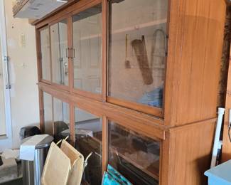 Large Wood Display Cabinet with Shelving & Sliding Doors -- BRING HELP & A TRUCK TO MOVE!; Vintage TV Trays; Trash Bins