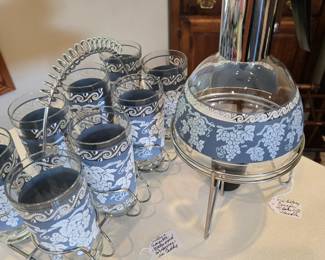 Vintage Jeannette Glass Wedgwood Blue Grapevine Drink Glass Set in Caddy with Tall Carafe in Stand
