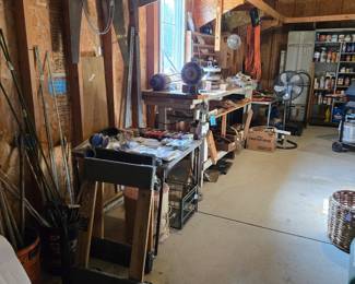 Garage filled with Tools & Equipment:  4 Wheelers; Fans, Grinder, Assorted Metal & Wood; and much more!!