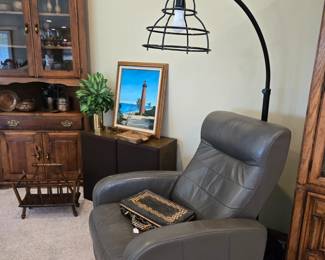 Lazy Boy Leather Recliner; Unique Metal Floor Lamp; Fisher Speakers; Local Artist Painting; Wood Magazine Rack; Wood Corner Cabinet with Shelving and Drawer