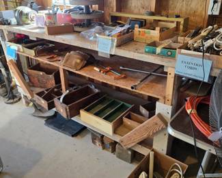 Wood Workbench; Extension Cords; Grinder; Lots of Large & Small Hand Tools; Assortment of Antique & Vintage Wood Tool/Supply Caddies