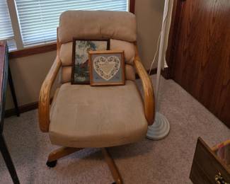 Upholstered Oak Chair on Wheels; Pole Lamp