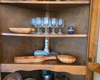 Collection of Monkey Pod Wood, Copper Serving Pieces & Pots, Set of Stems