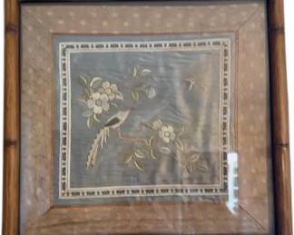 Antique Hand-Embroidered Silk Bird and Floral Art

