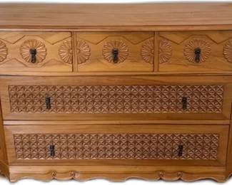 Vintage Wooden Dresser with Carved Detailing Made in Guatemala - H32” x D19 1/2” x L5’1”


