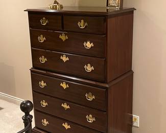 Vintage highboy dresser with brass handles by Harden