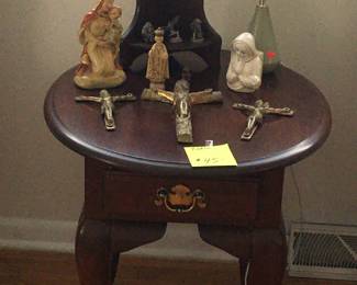 Religious items 
Small corner shelf
Pewter figurines 