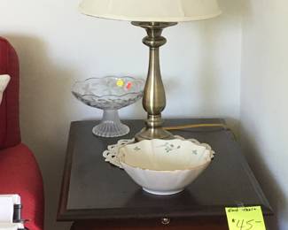 End table with draw
Lenox bowl 
Lamp 
Glass dish 